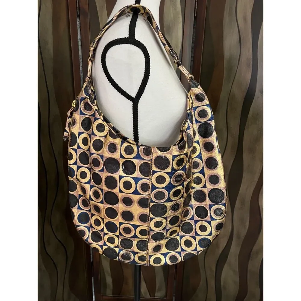 Vintage Hobo Gabor blue, black and gold metallic hobo-style/slouchy shoulder bag